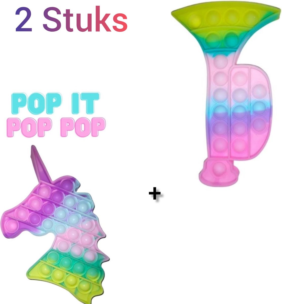 Fidget toys Set | 2 stuks Pop it Regenboog Multi Color | Trompet + Eenhoorn | Anti stress 2021 | Van Tik Tok | Meisjes jongens volwassenen | Verjaardag of Kerst cadeautip